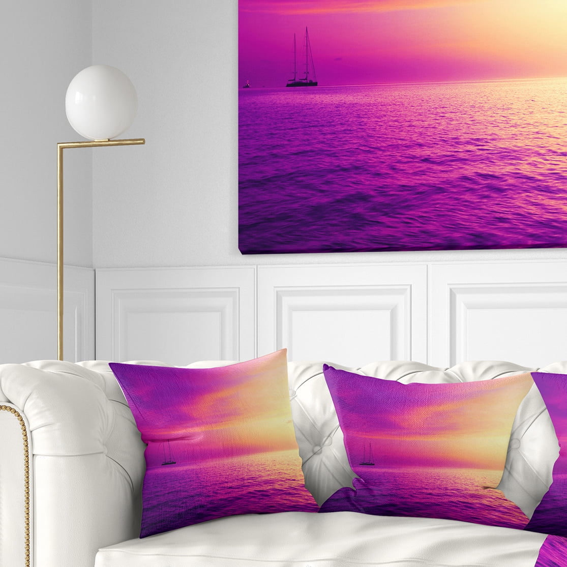 Designart Purple Sea in Maldives At Sunset - Seashore Throw Pillow - 16x16