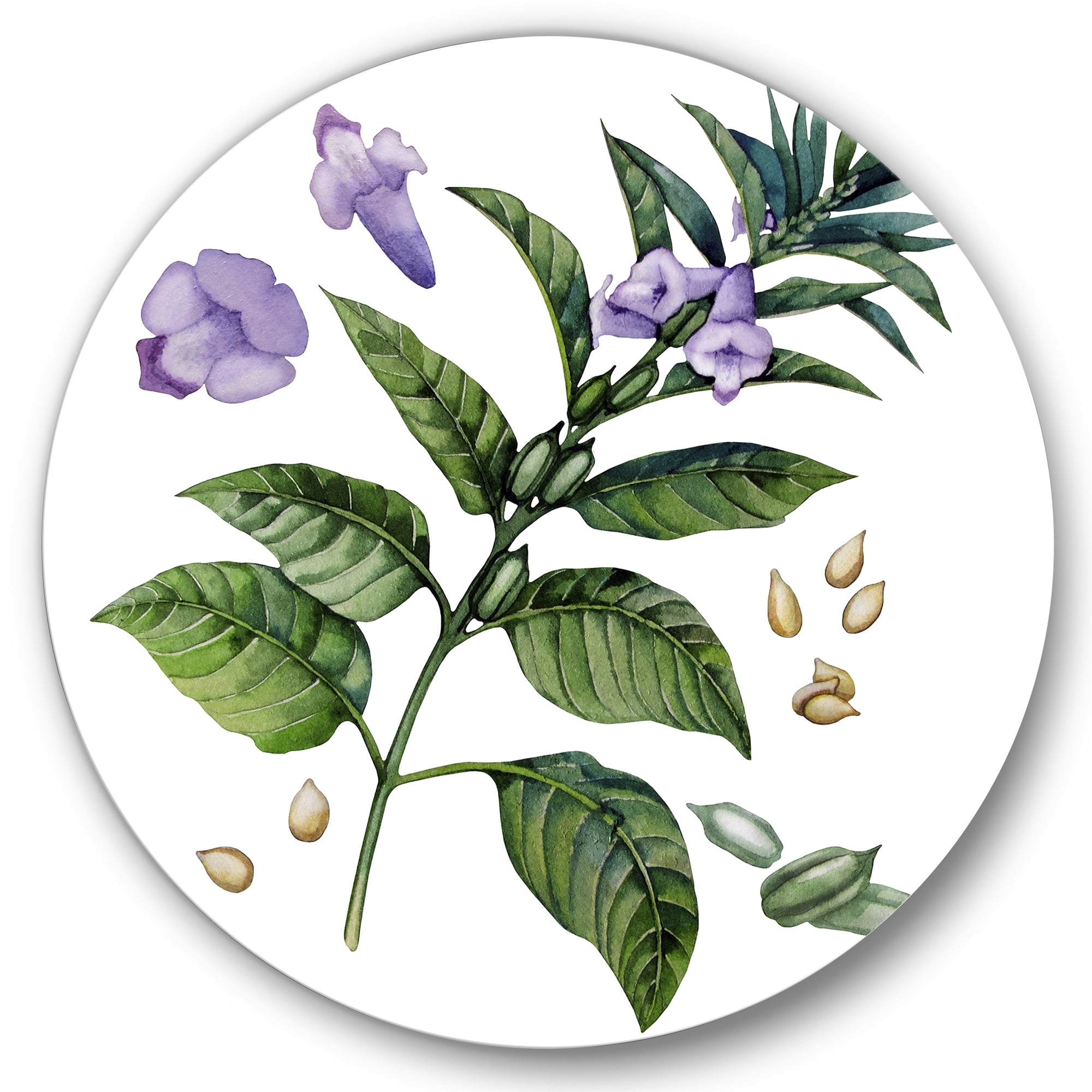 Designart 'Purple Sesame Flowers WIth Green Leaves On White' Traditional Circle Metal Wall Art 11x11 - Disc of 11