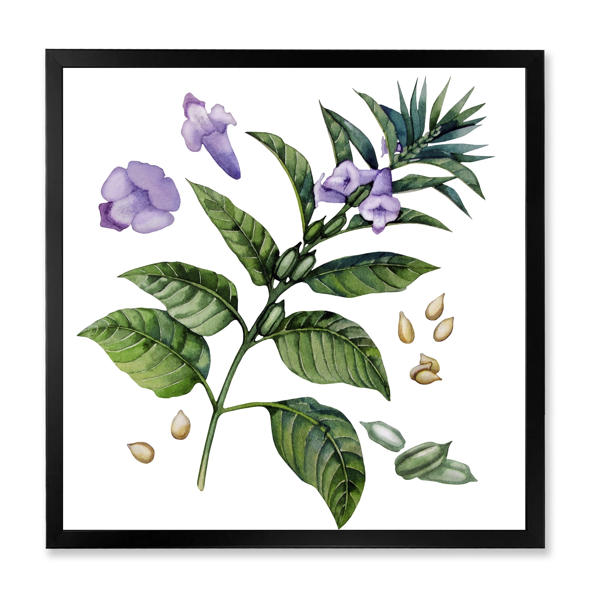 Designart 'Purple Sesame Flowers WIth Green Leaves On White' Traditional Framed Art Print