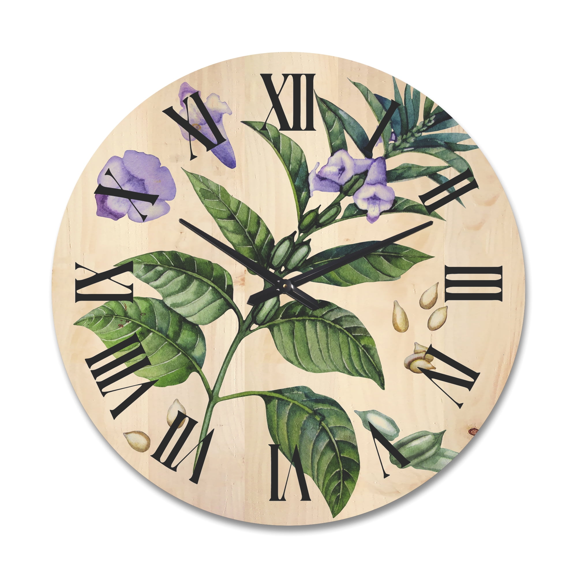 Designart 'Purple Sesame Flowers WIth Green Leaves On White' Traditional Wood Wall Clock