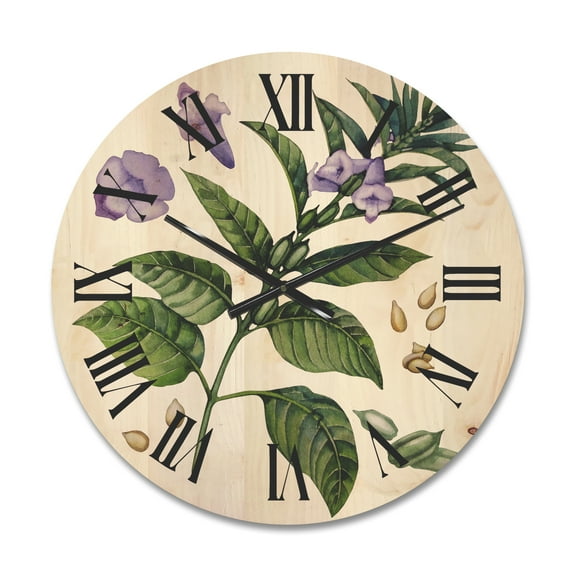 Designart 'Purple Sesame Flowers WIth Green Leaves On White' Traditional Wood Wall Clock