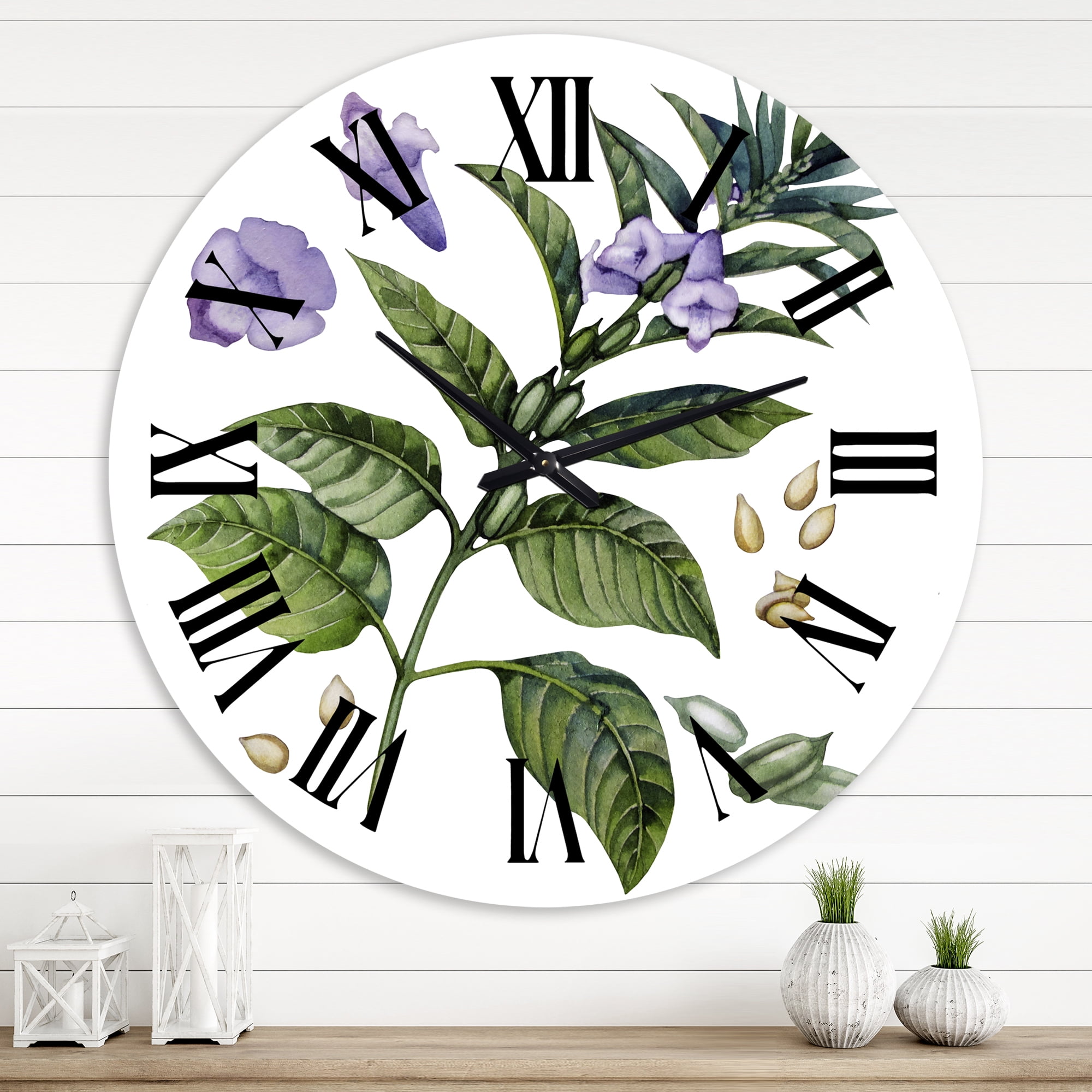 Designart 'Purple Sesame Flowers With Green Leaves' Traditional Wall Clock