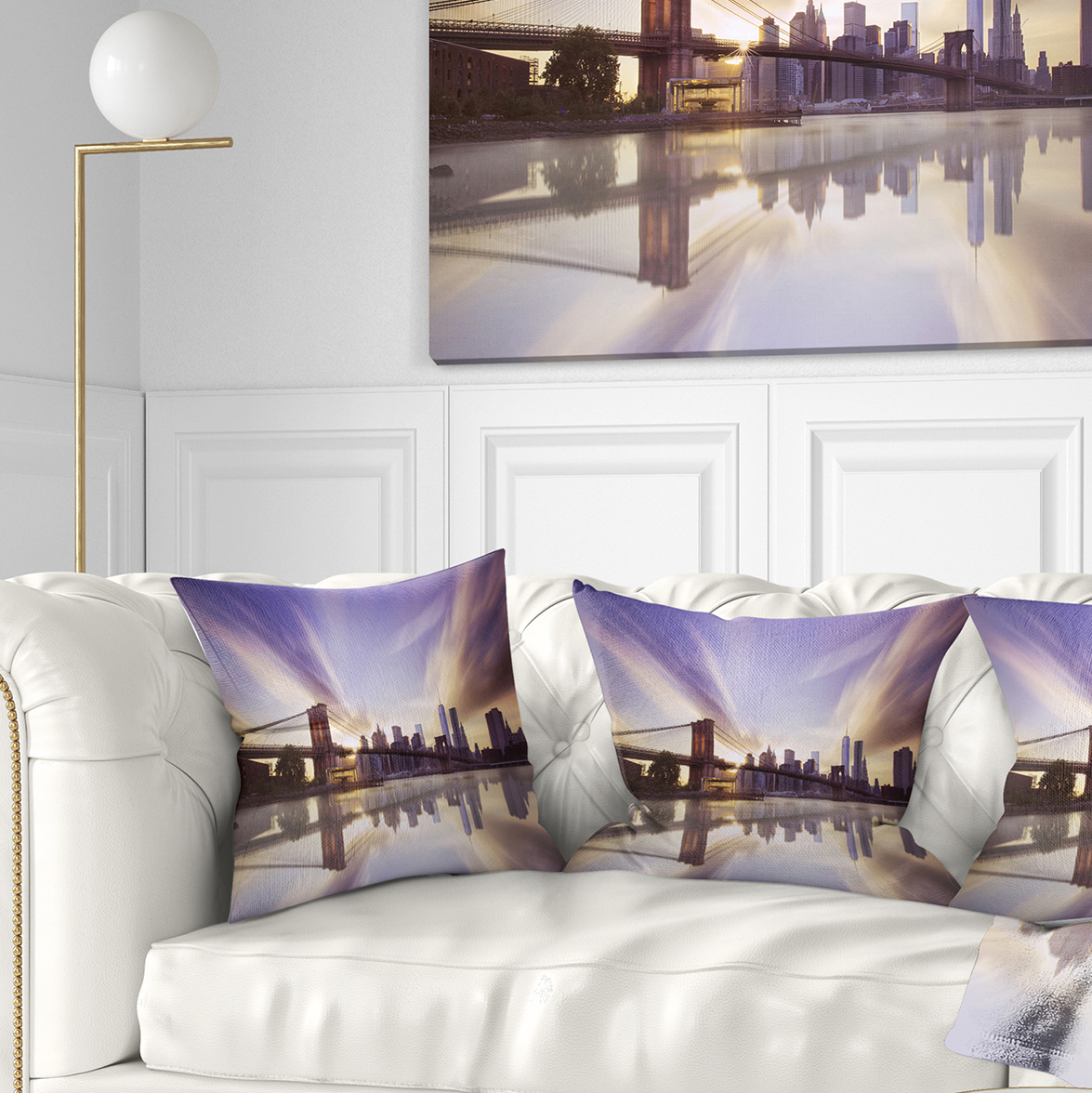 Designart Purple Sky Over Brooklyn Bridge - Cityscape Photo Throw Pillow - 16x16
