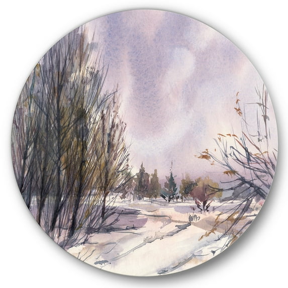 Designart 'Purple Snowy Tones With Winter Landscape' Traditional Circle Metal Wall Art 29x29 - Disc of 29