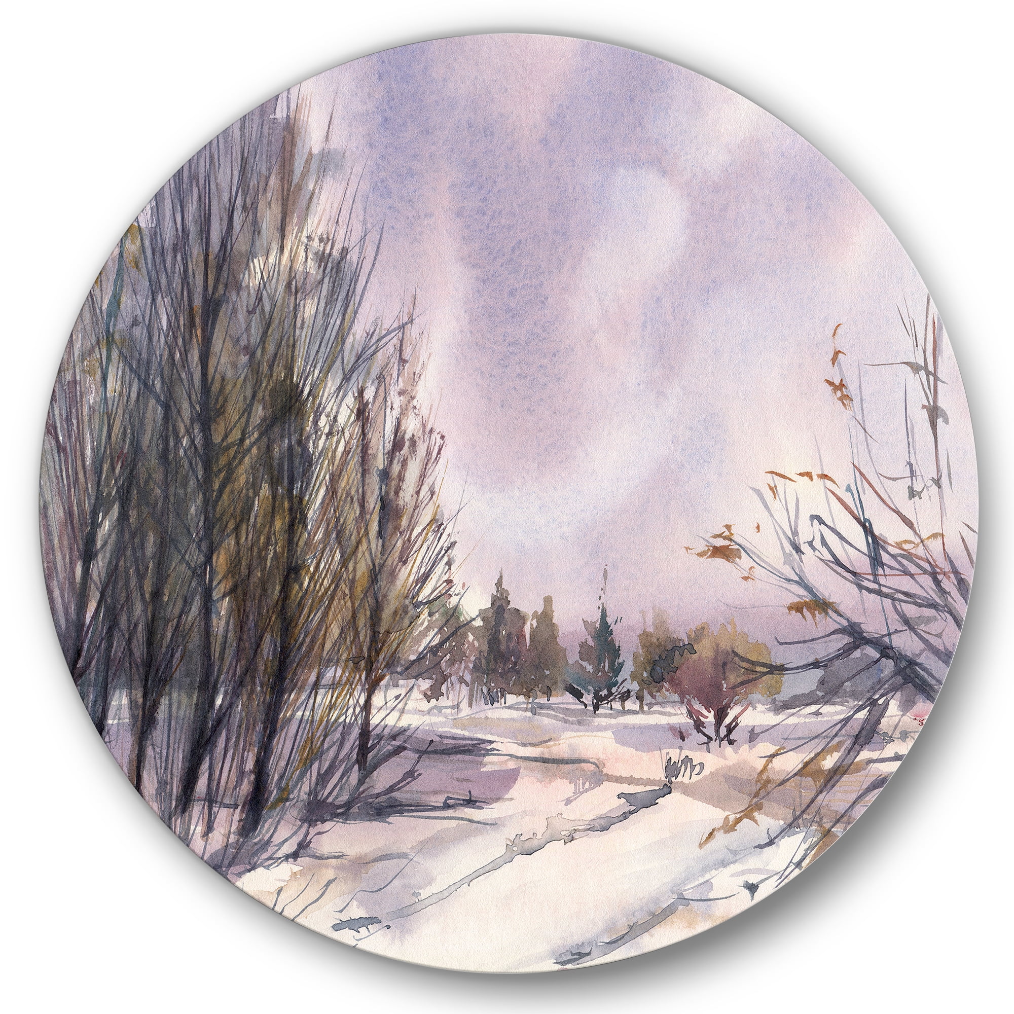 Designart 'Purple Snowy Tones With Winter Landscape' Traditional Circle Metal Wall Art 36x36 - Disc of 36