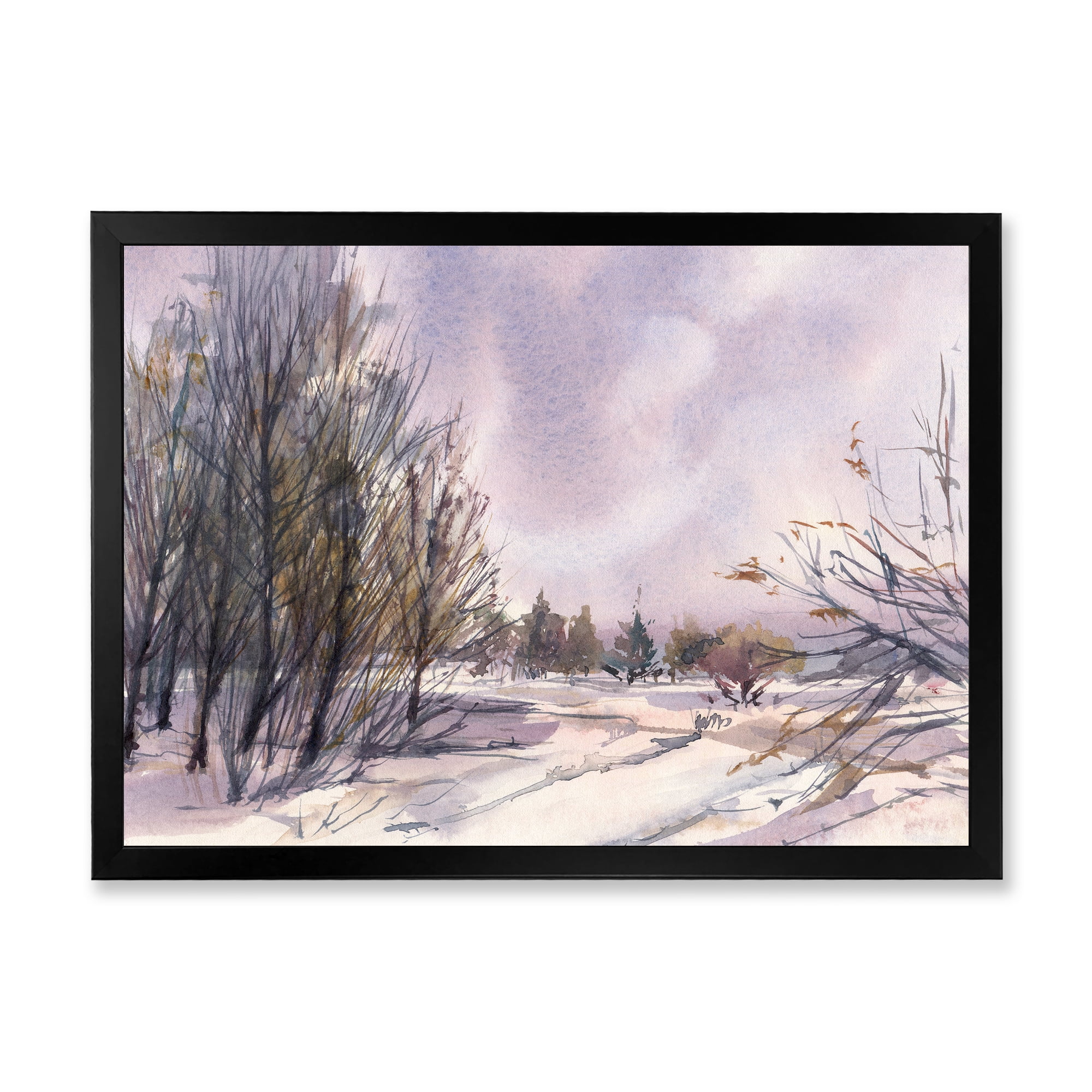Designart 'Purple Snowy Tones With Winter Landscape' Traditional Framed Art Print