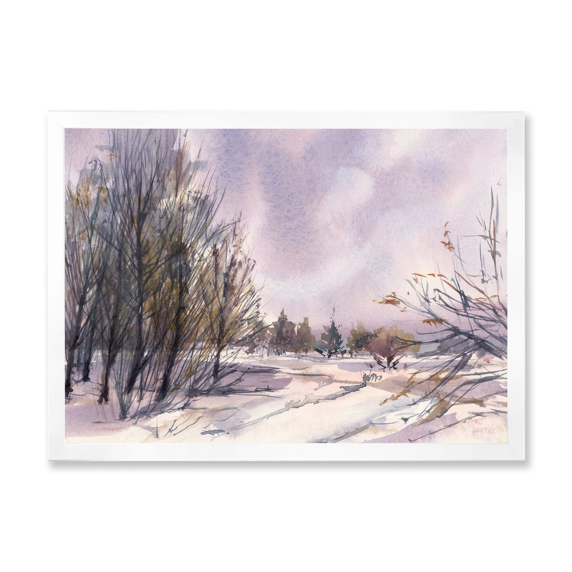 Designart 'Purple Snowy Tones With Winter Landscape' Traditional Framed Art Print