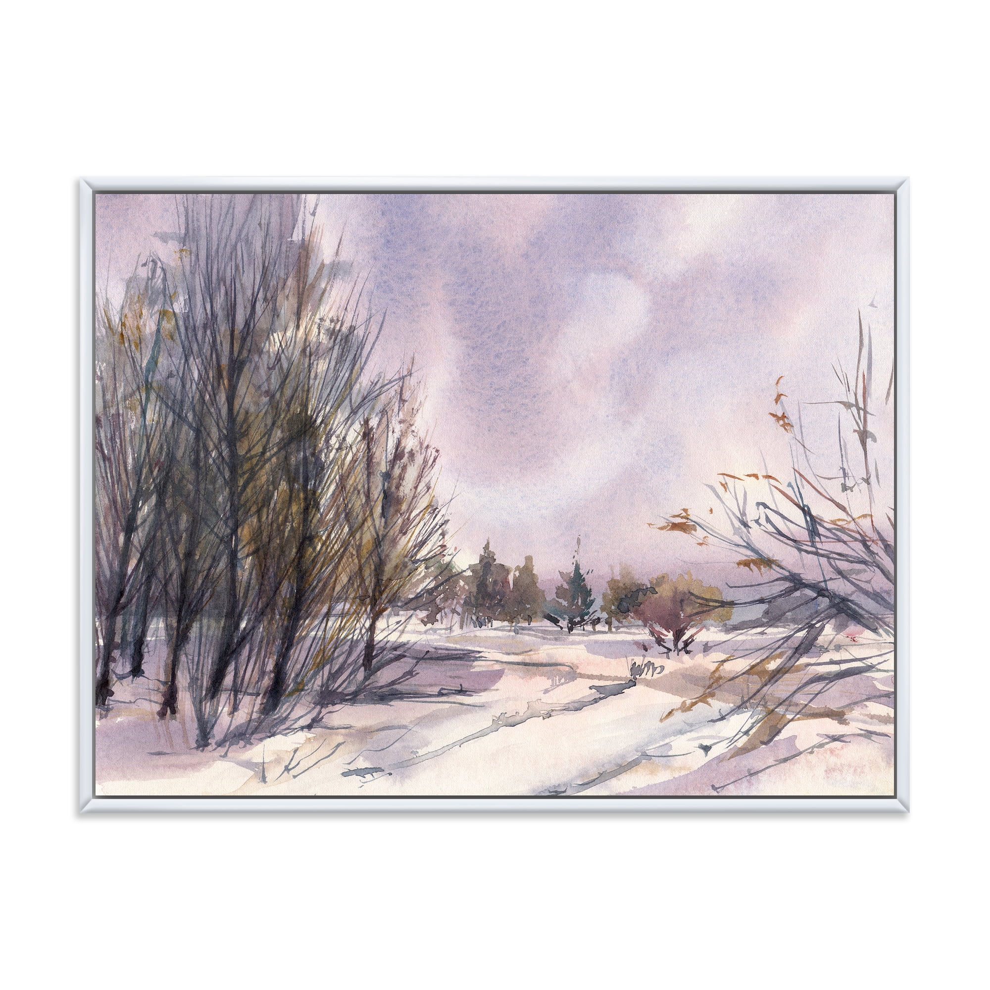 Designart 'Purple Snowy Tones With Winter Landscape' Traditional Framed Canvas Wall Art Print