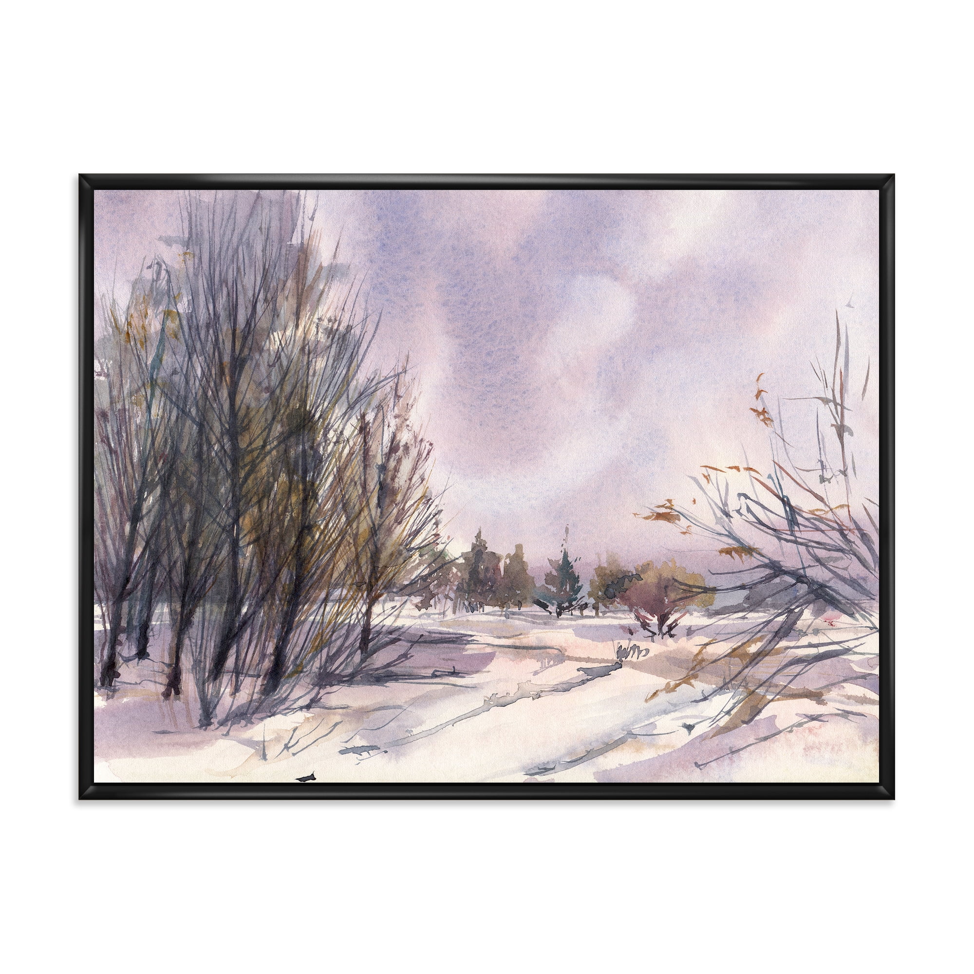 Designart 'Purple Snowy Tones With Winter Landscape' Traditional Framed Canvas Wall Art Print