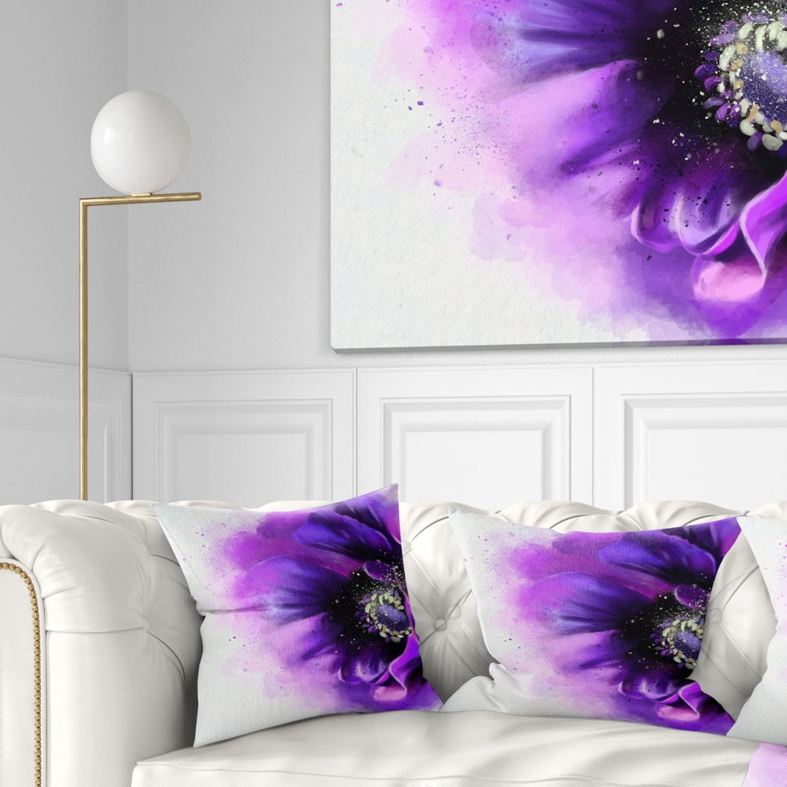 Designart Purple Stylized Watercolor Poppy - Floral Throw Pillow - 16x16