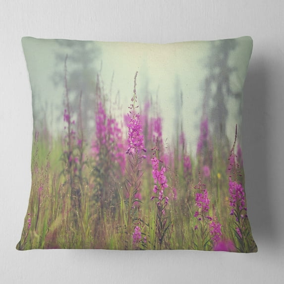 Designart Purple Summer Flowers in Foggy Field - Floral Throw Pillow - 16x16