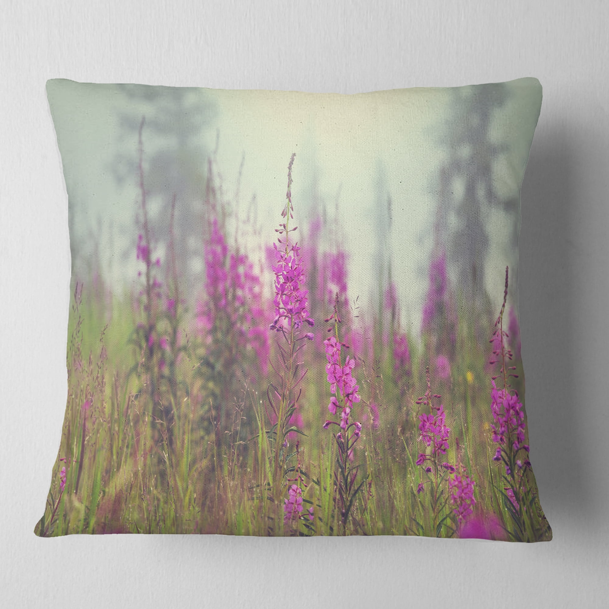 Designart Purple Summer Flowers in Foggy Field - Floral Throw Pillow - 18x18