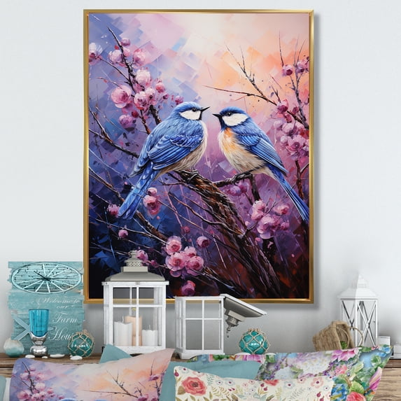 Designart "Purple Thistle & Blue Birds Euphony" Animals Floater Framed Canvas Print