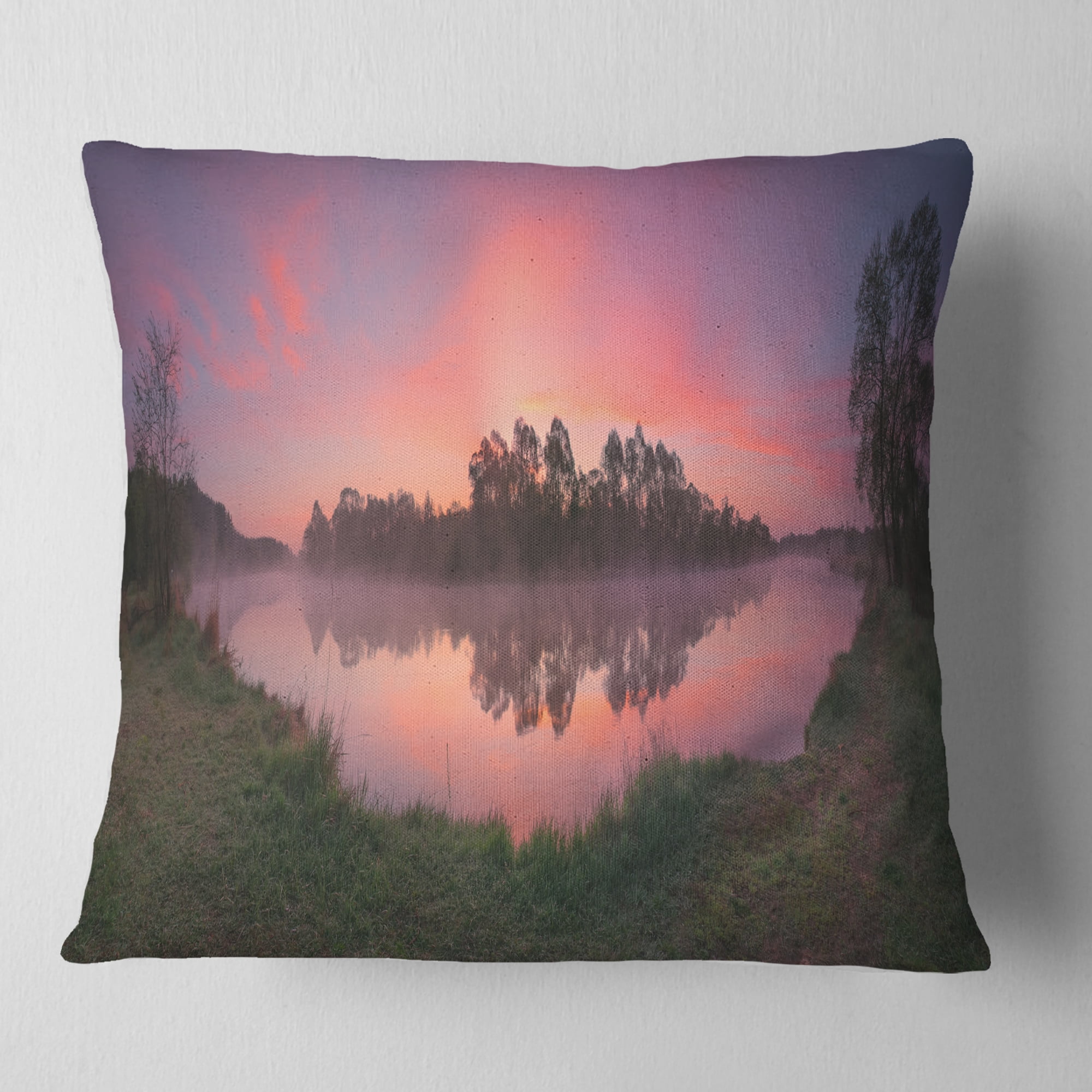 Designart Purple Tinged Lake Sunrise View - Landscape Printed Throw Pillow - 18x18