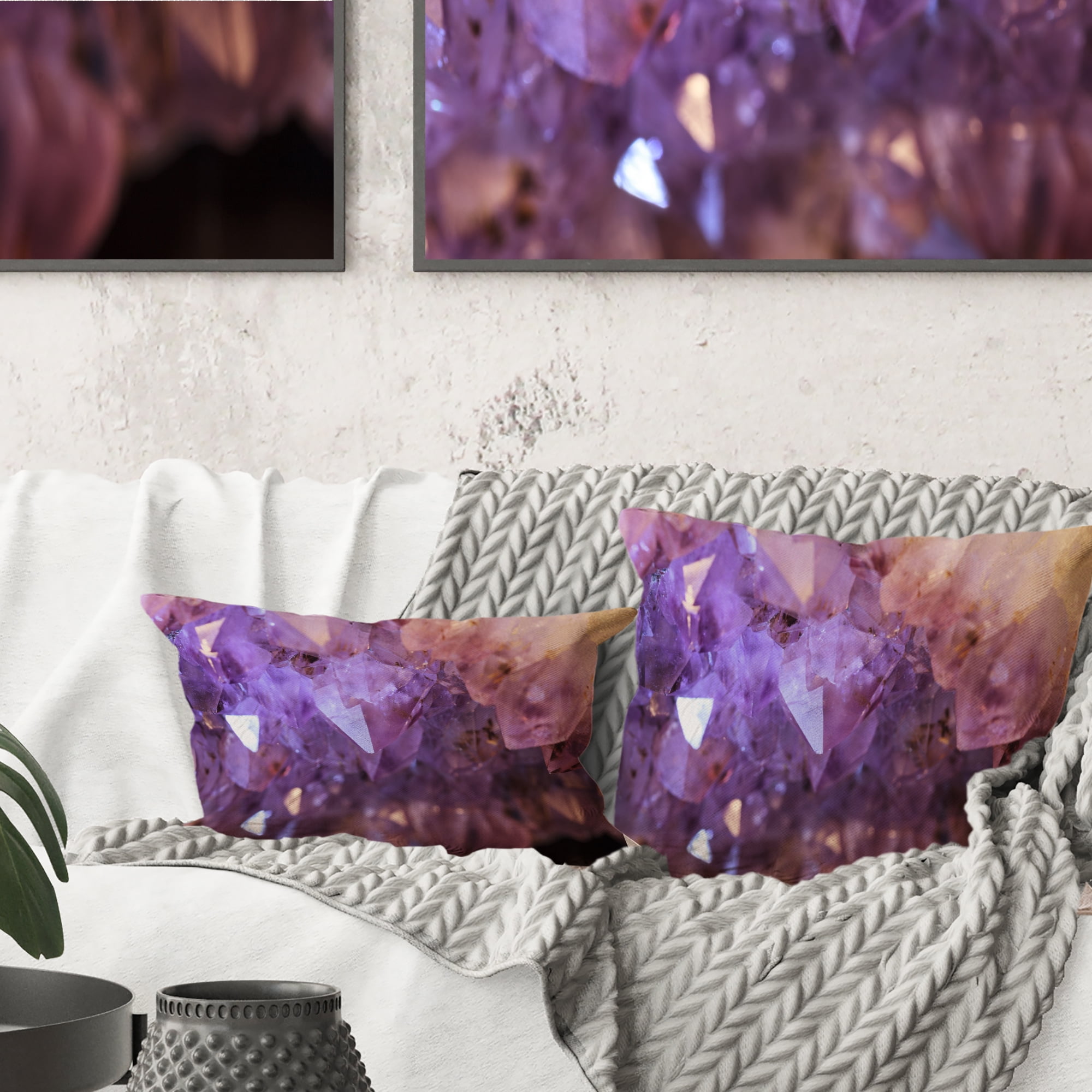 Designart Purple White Natural Amethyst Geode - Abstract Throw Pillow - 16x16