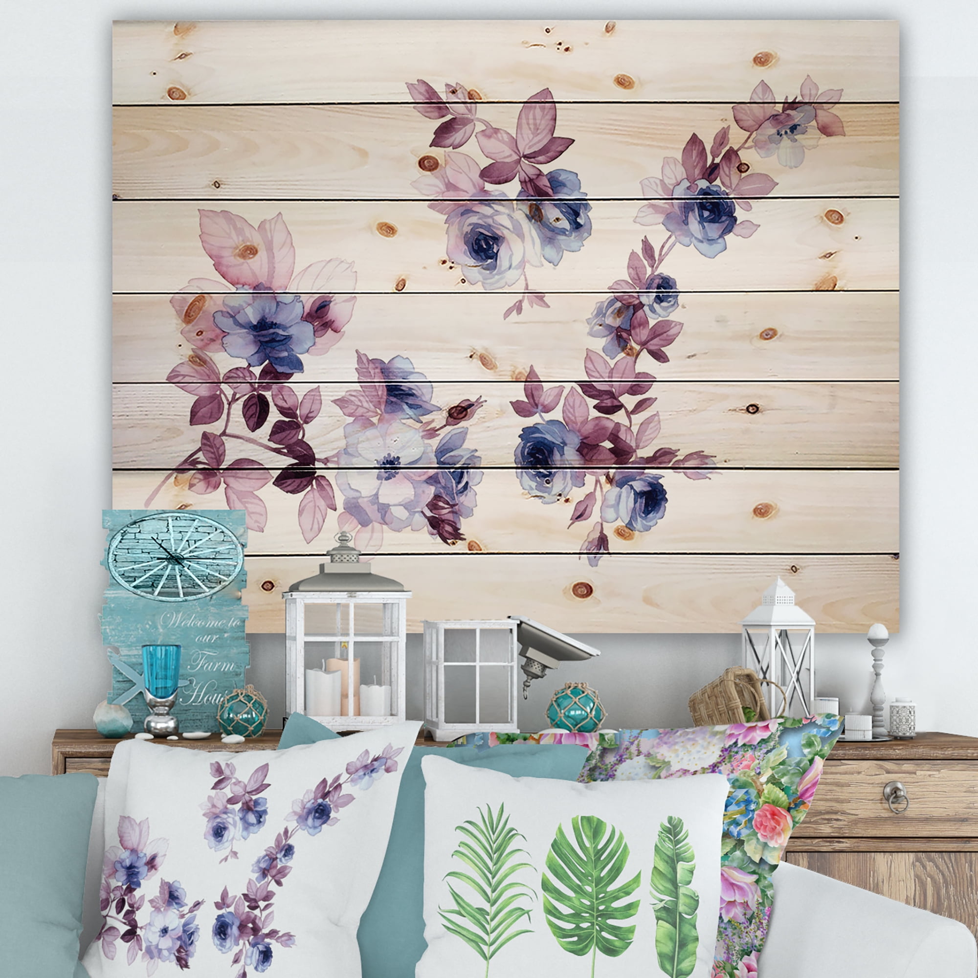 Designart 'Purple Wildflowers On White I' Traditional Print on Natural Pine Wood
