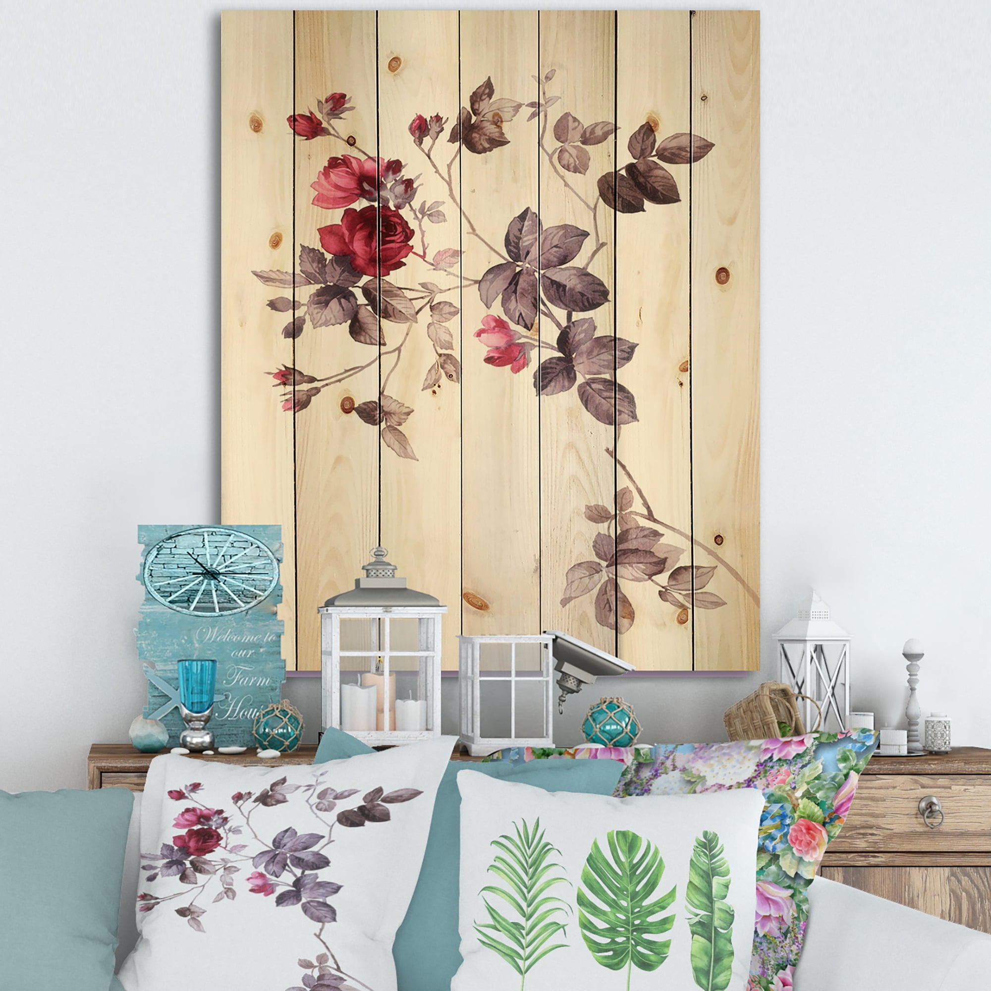 Designart 'Purple Wildflowers On White II' Traditional Print on Natural Pine Wood