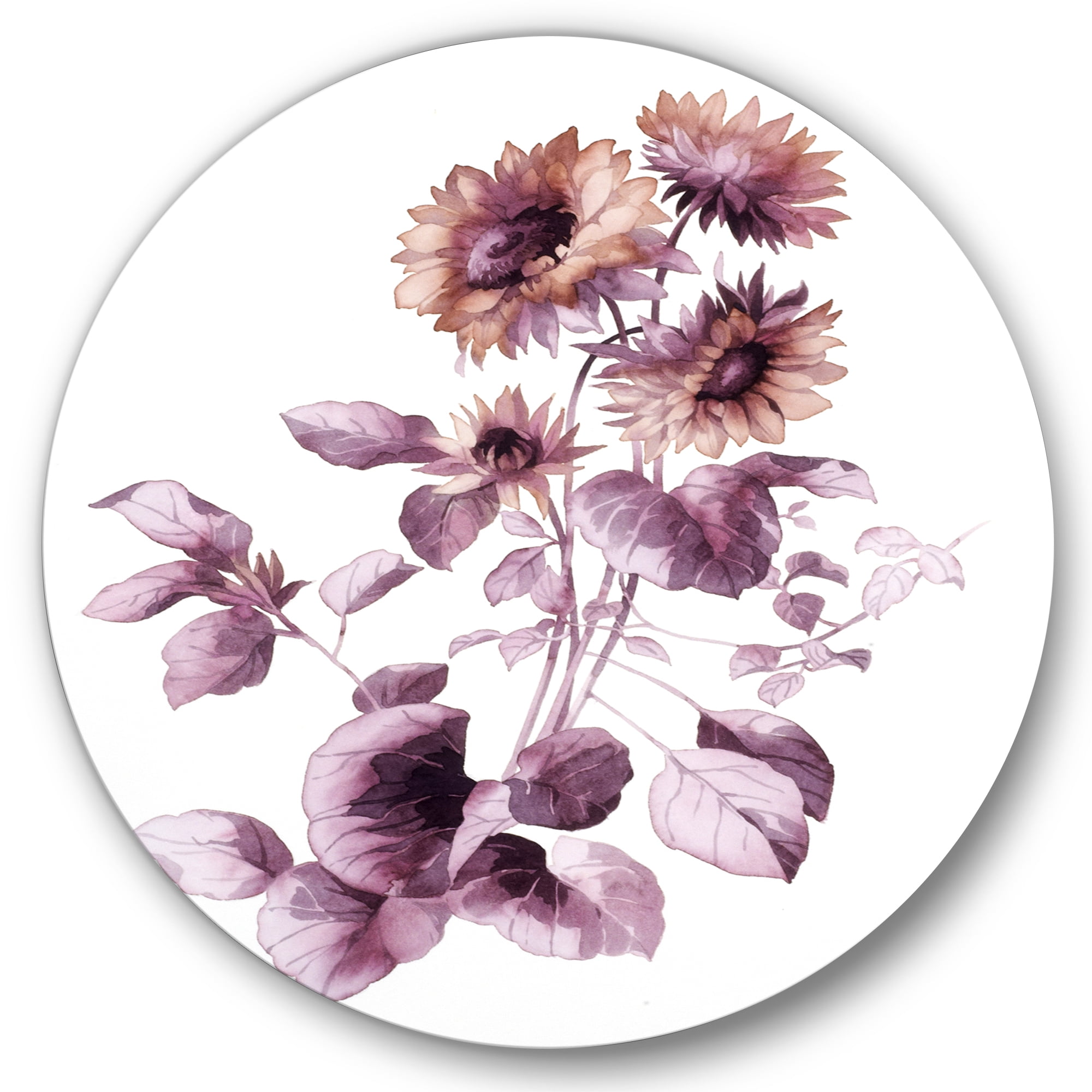 Designart 'Purple Wildflowers On White III' Traditional Circle Metal Wall Art 23x23 - Disc of 23