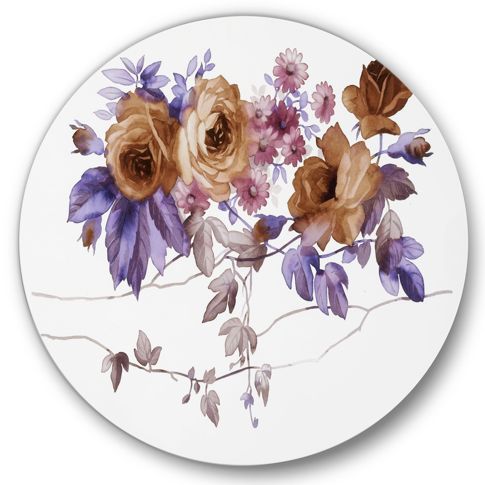 Designart 'Purple Wildflowers On White IV' Traditional Circle Metal Wall Art 23x23 - Disc of 23