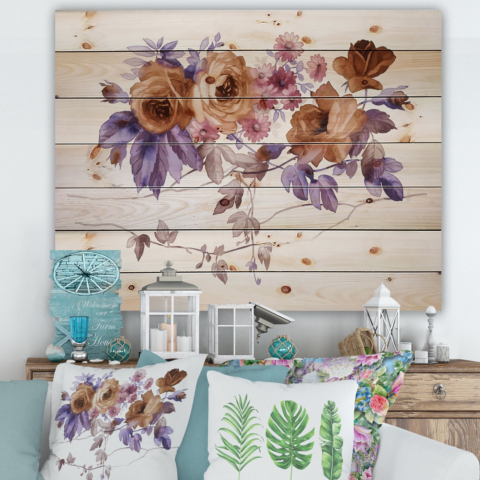 Designart 'Purple Wildflowers On White IV' Traditional Print on Natural Pine Wood