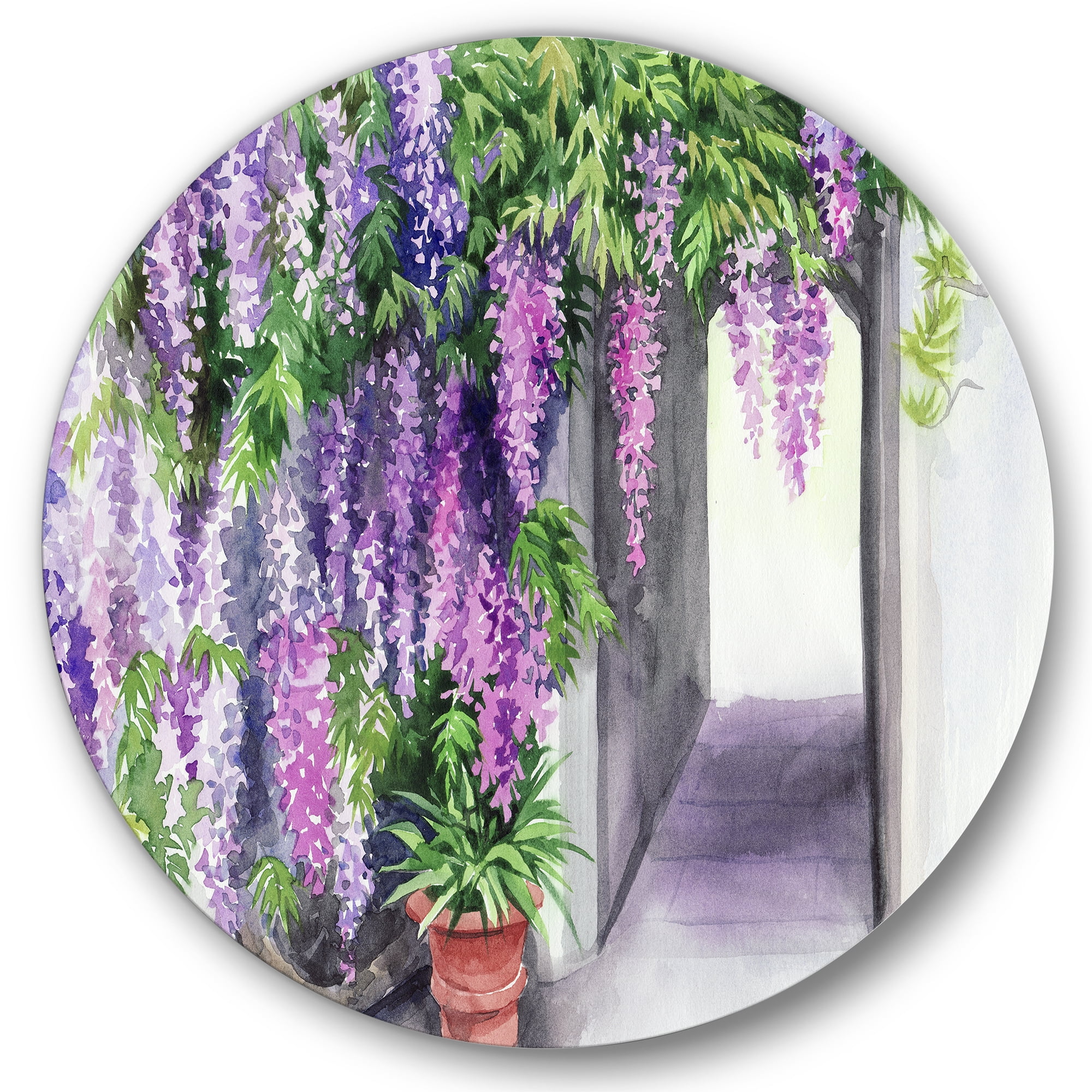 Designart 'Purple Wisteria Blossom' Traditional Circle Metal Wall Art 36x36 - Disc of 36