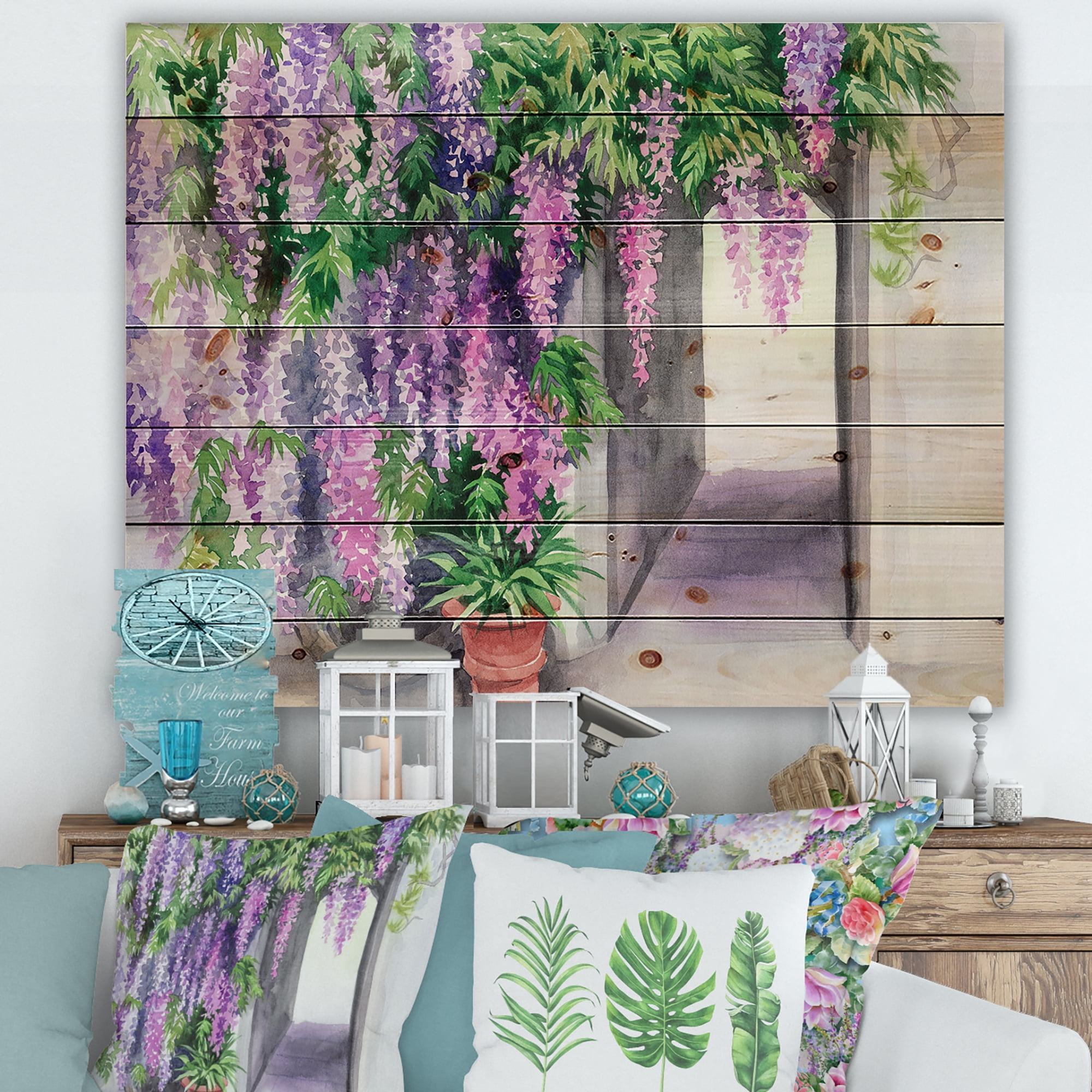 Designart 'Purple Wisteria Blossom' Traditional Print on Natural Pine Wood