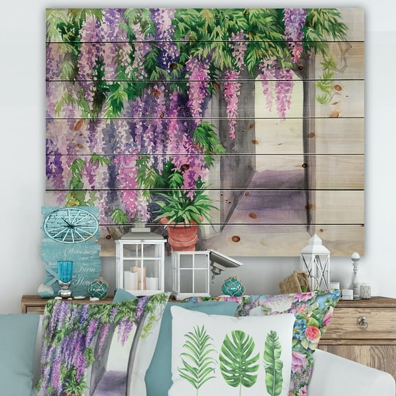 Designart 'Purple Wisteria Blossom' Traditional Print on Natural Pine Wood