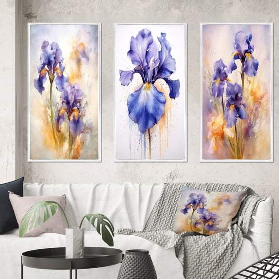 Designart "Purple Yellow Impression Of Iris Vivid Florals" Floral Framed Wall Art Set Of 3 - Purple Floral Frame Canvas Set For Living Room Decor