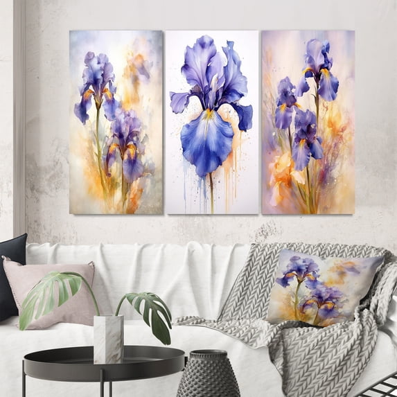 Designart "Purple Yellow Impression Of Iris Vivid Florals" Floral Wall Art Set Of 3 - Purple Floral Canvas Set For Living Room Decor