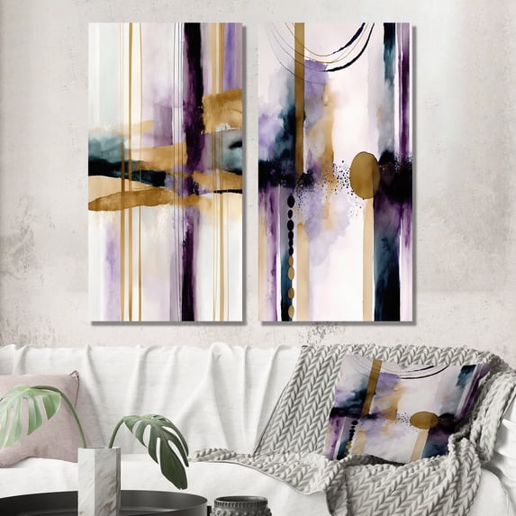 Designart "Purple and Gold Geometric Geode I" Abstract Geometric Wall Art Set Of 2 - Purple Geometric Gallery Wall Set For Home Decor