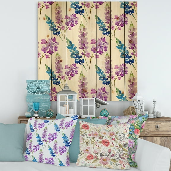 Designart 'Purple and Pink Floral Pattern' Traditional Print on Natural Pine Wood