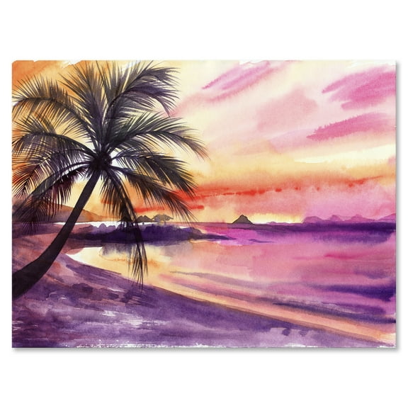 Designart ' Purple and Pink Palm Beach Sunset ' Nautical & Coastal Canvas Wall Art Print