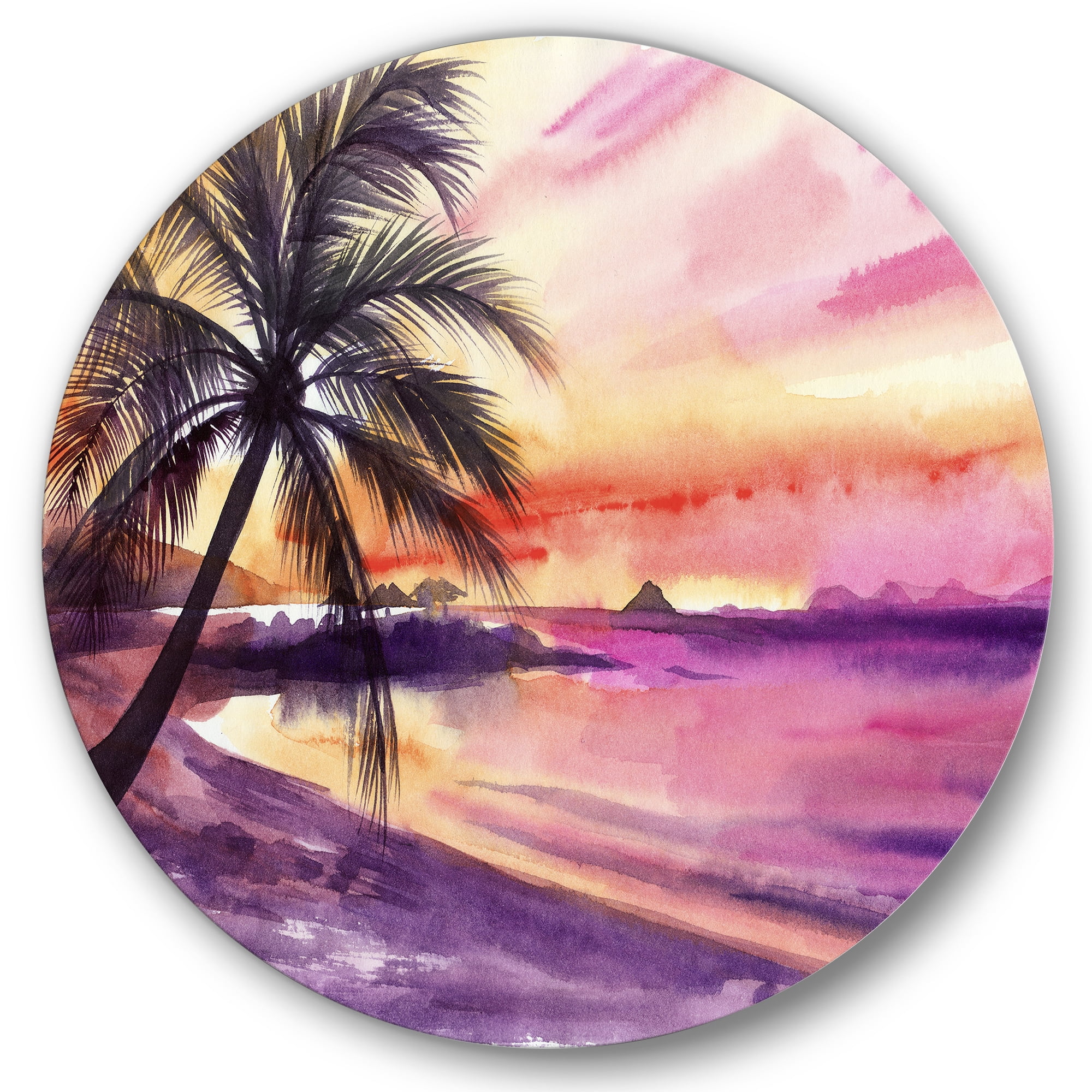 Designart 'Purple and Pink Palm Beach Sunset' Nautical & Coastal Circle Metal Wall Art 36x36 - Disc of 36