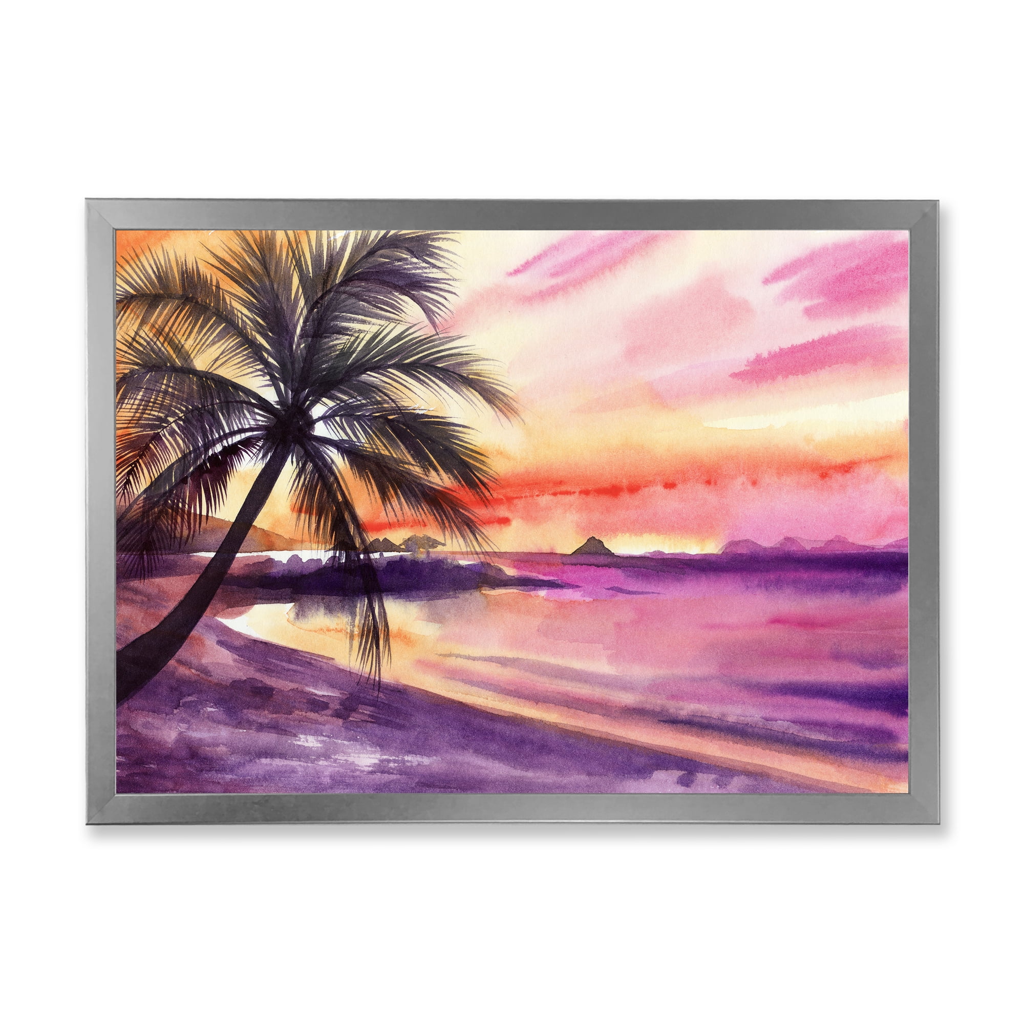 Designart 'Purple and Pink Palm Beach Sunset' Nautical & Coastal Framed Art Print