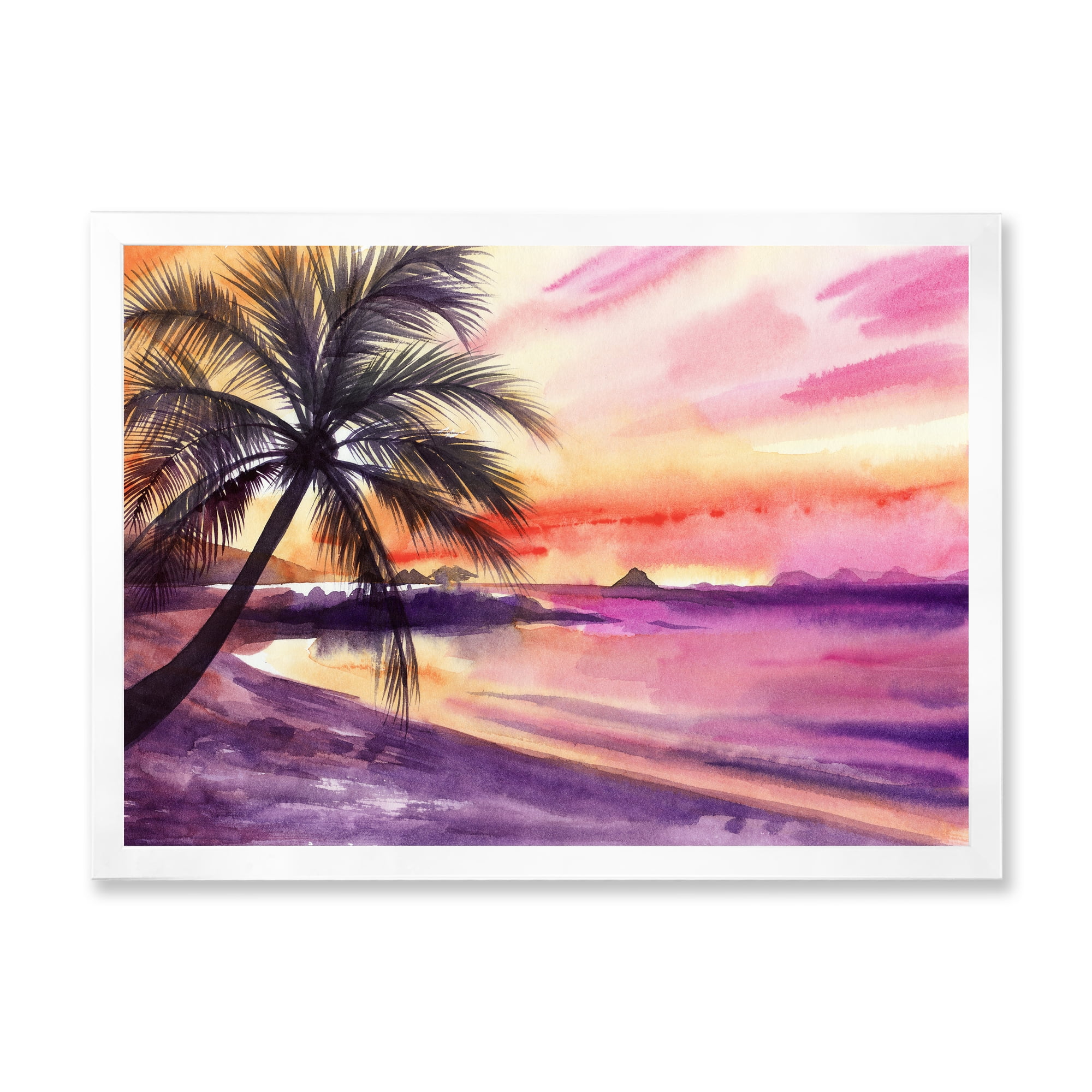 Designart 'Purple and Pink Palm Beach Sunset' Nautical & Coastal Framed Art Print