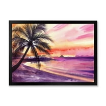 Designart 'Purple and Pink Palm Beach Sunset' Nautical & Coastal Framed Art Print