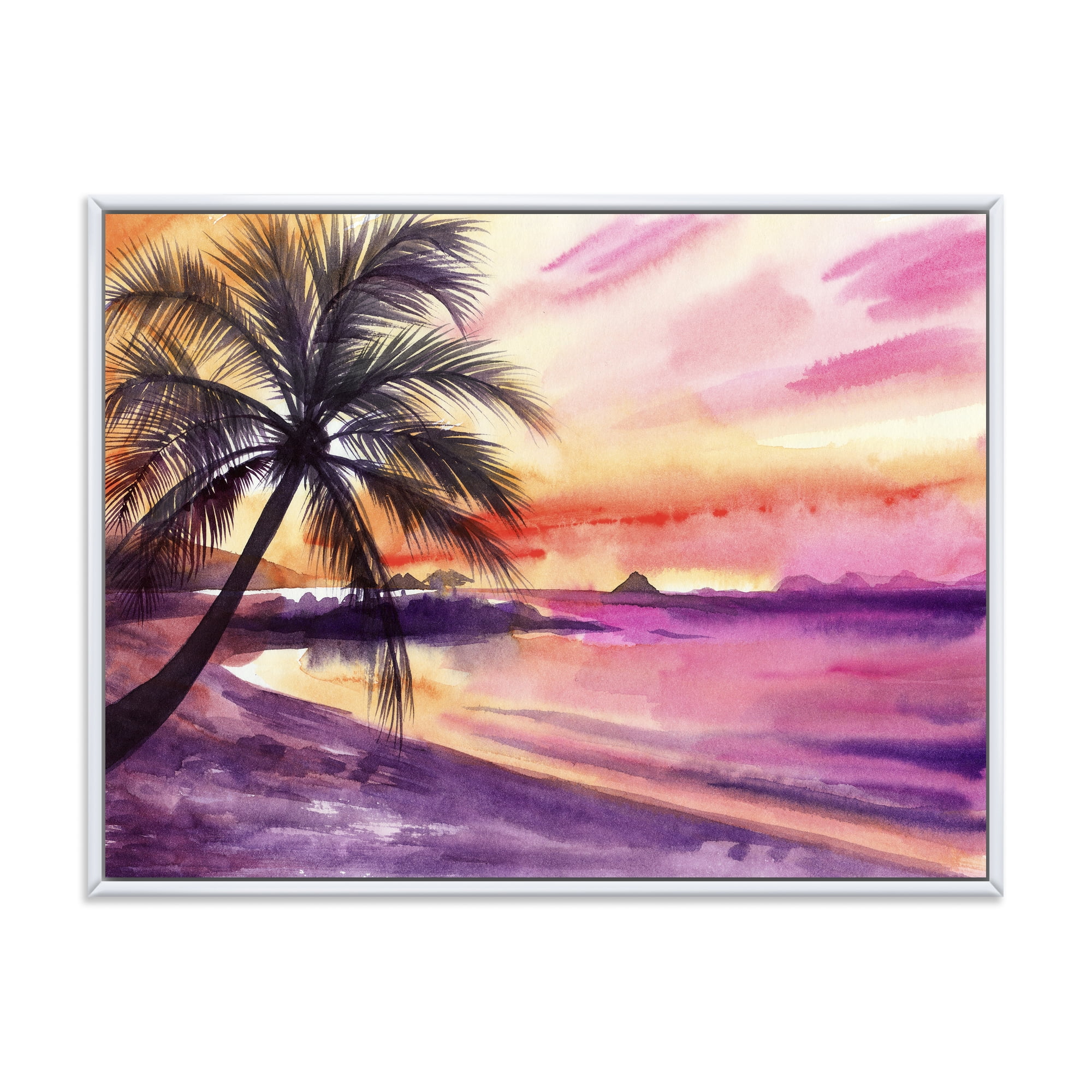 Designart 'Purple and Pink Palm Beach Sunset' Nautical & Coastal Framed Canvas Wall Art Print