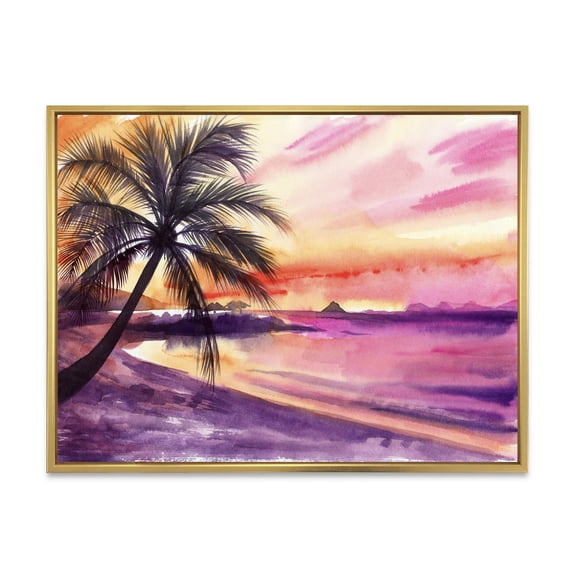 Designart 'Purple and Pink Palm Beach Sunset' Nautical & Coastal Framed Canvas Wall Art Print