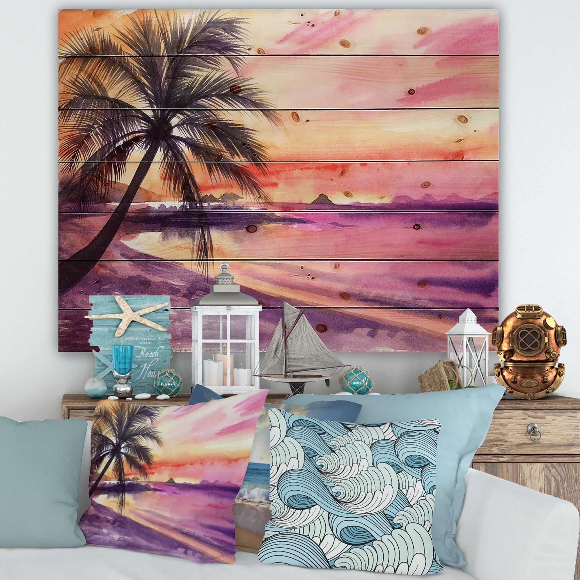Designart 'Purple and Pink Palm Beach Sunset' Nautical & Coastal Print on Natural Pine Wood