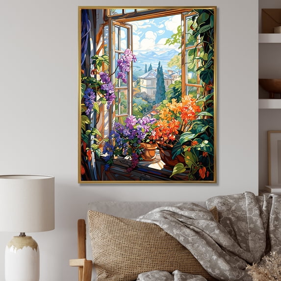 Designart "Purple and Yellow Flower Window Garden III" Floral Framed Wall Art - Traditional Purple Window Entryway Framed Wall Art
