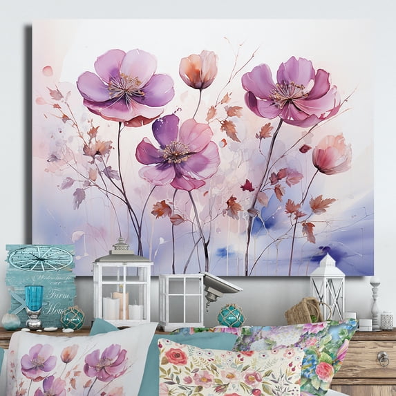 Designart "Purple delicate Blooms I" Abstract Botanicals Metal Wall Art