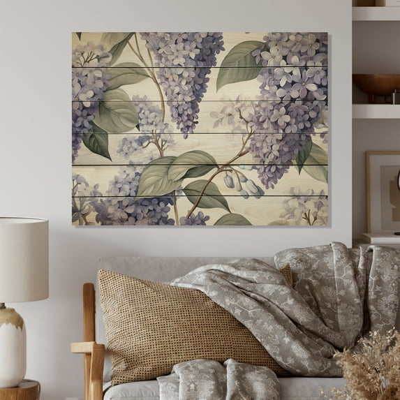 Designart "Purple grey Lilies Bloom Fragrant II" Floral Print on Natural Pine Wood