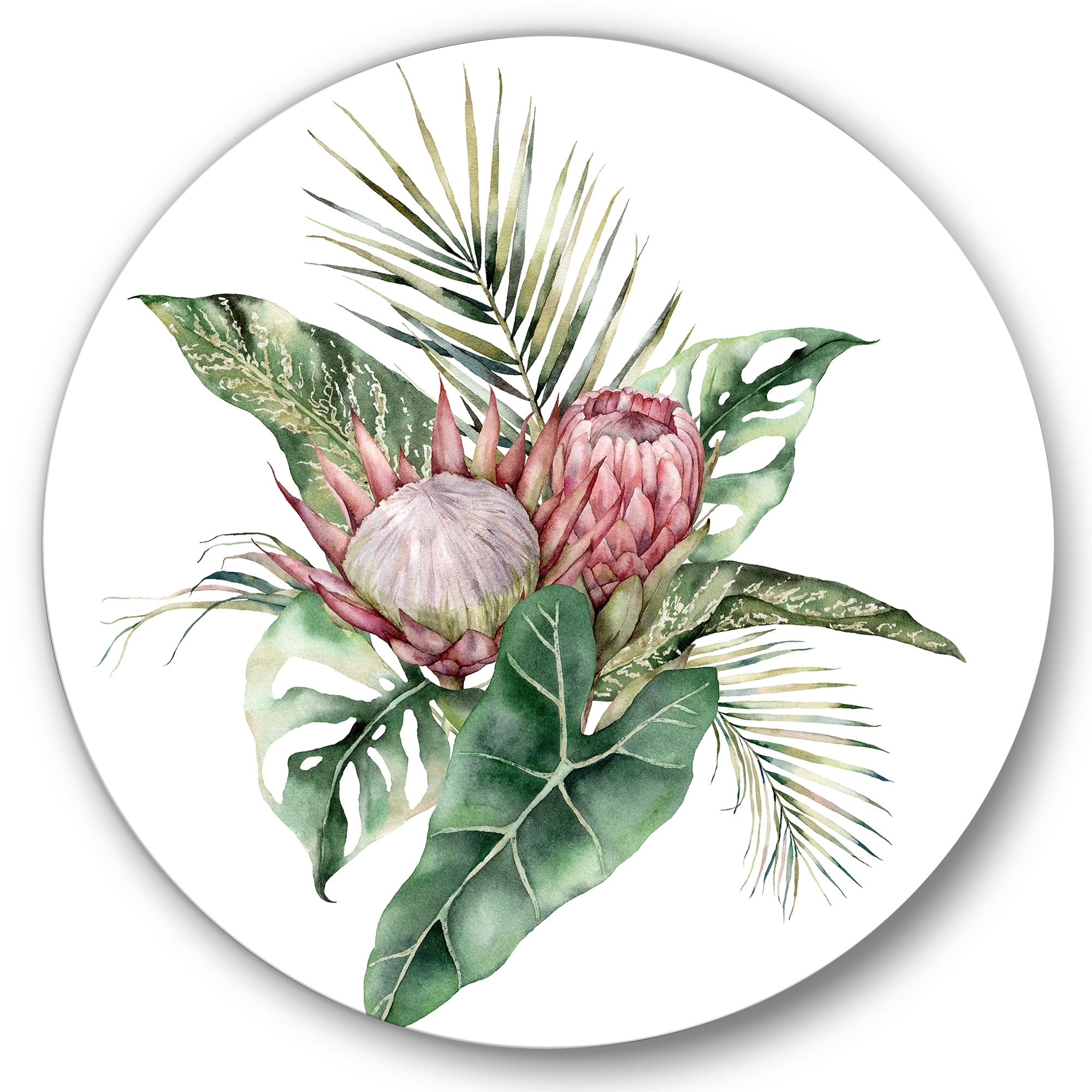 Designart 'Queen Proteas Palm & Monstera Leaves' Traditional Circle Metal Wall Art 23x23 - Disc of 23