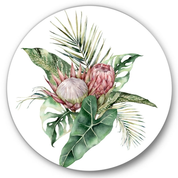 Designart 'Queen Proteas Palm & Monstera Leaves' Traditional Circle Metal Wall Art 36x36 - Disc of 36