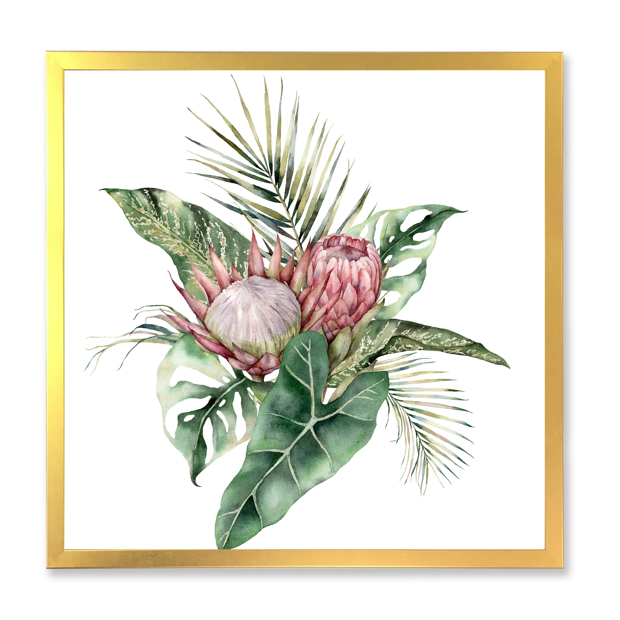 Designart 'Queen Proteas Palm & Monstera Leaves' Traditional Framed Art Print