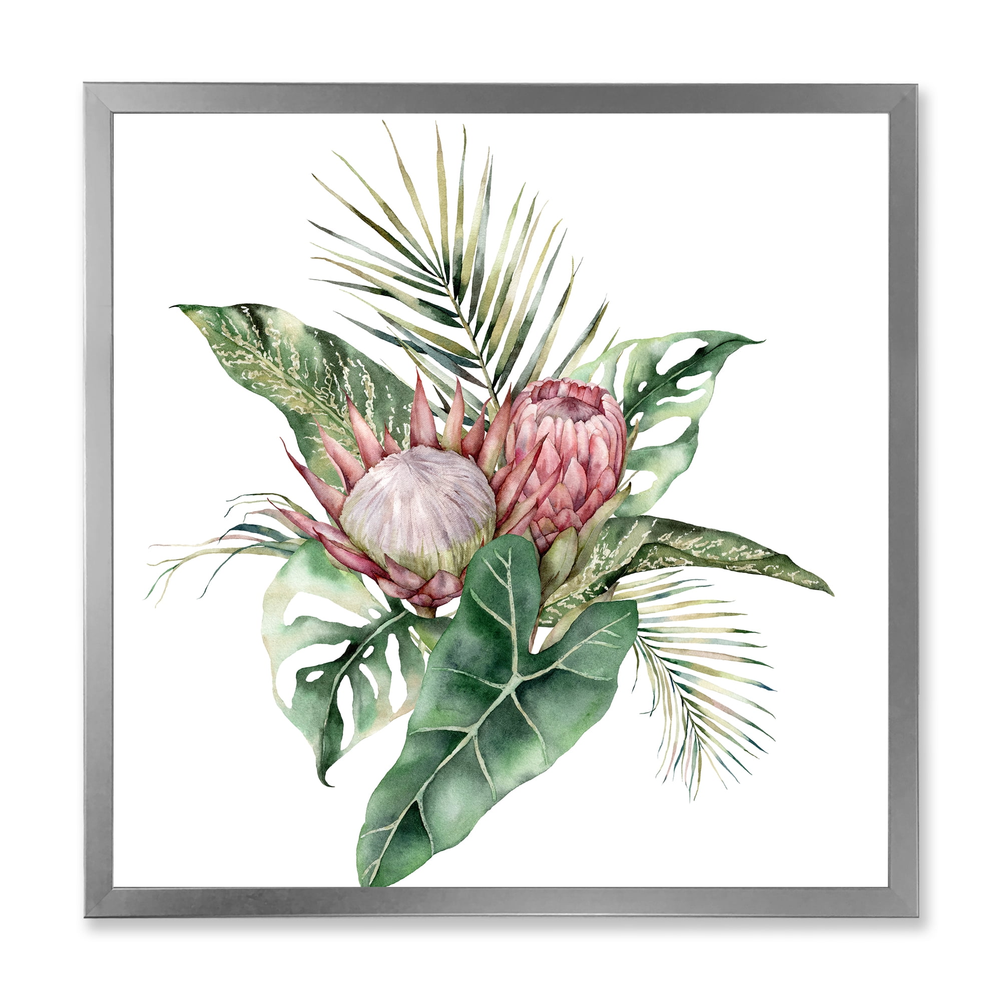 Designart 'Queen Proteas Palm & Monstera Leaves' Traditional Framed Art Print