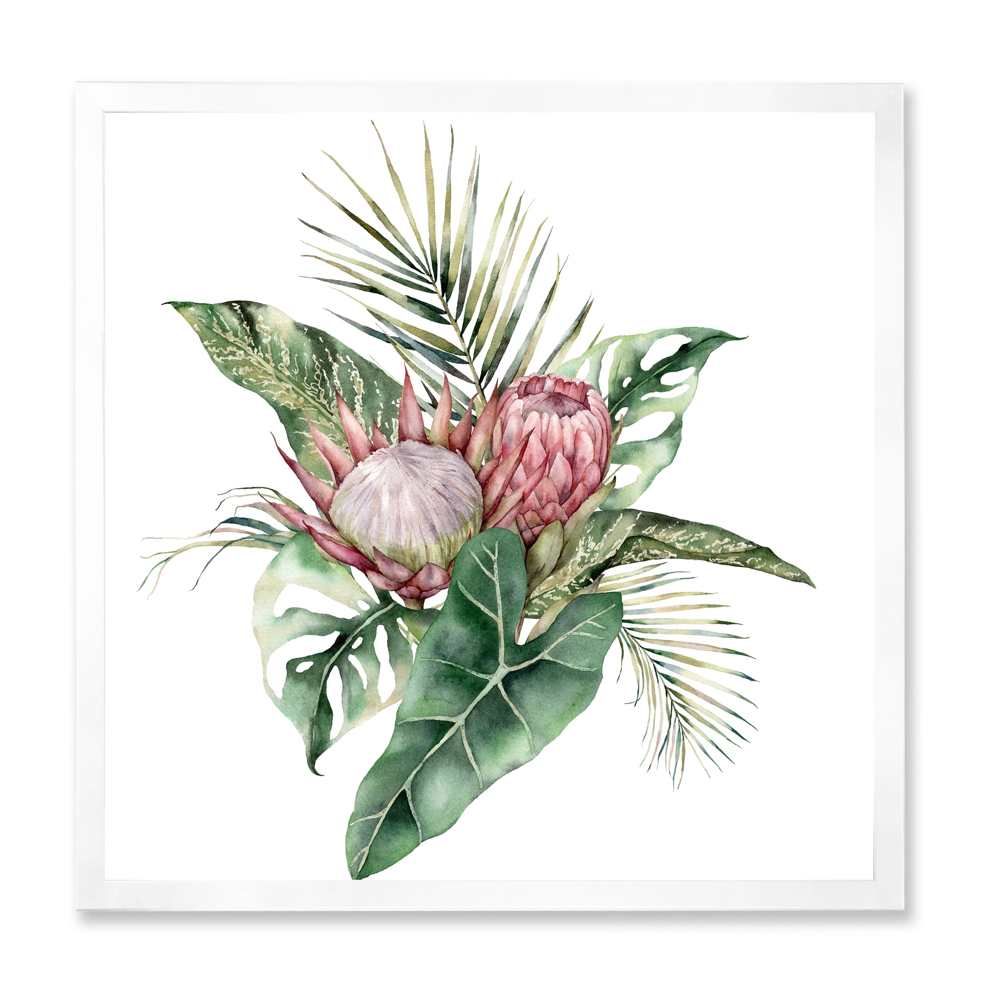 Designart 'Queen Proteas Palm & Monstera Leaves' Traditional Framed Art Print