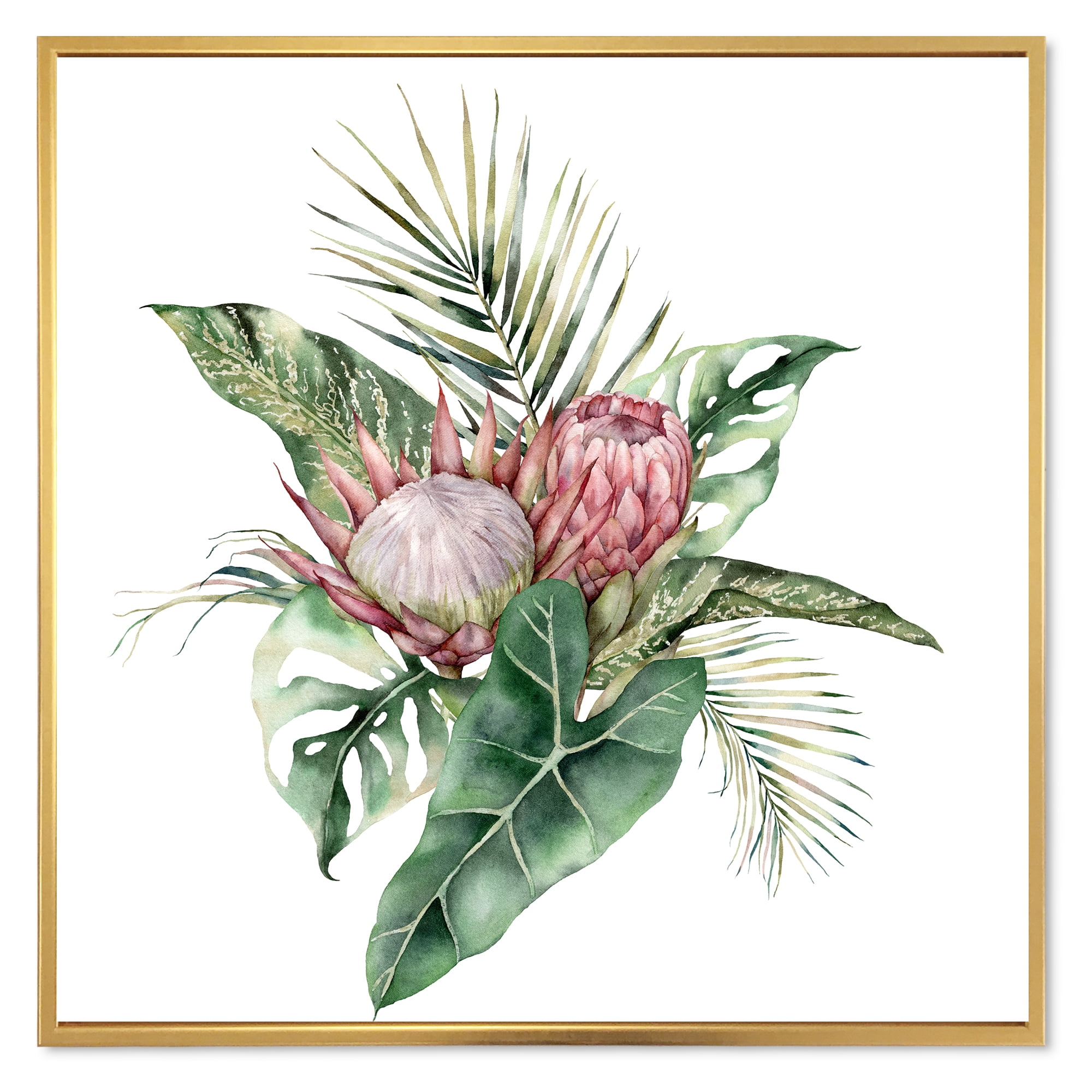 Designart 'Queen Proteas Palm & Monstera Leaves' Traditional Framed Canvas Wall Art Print