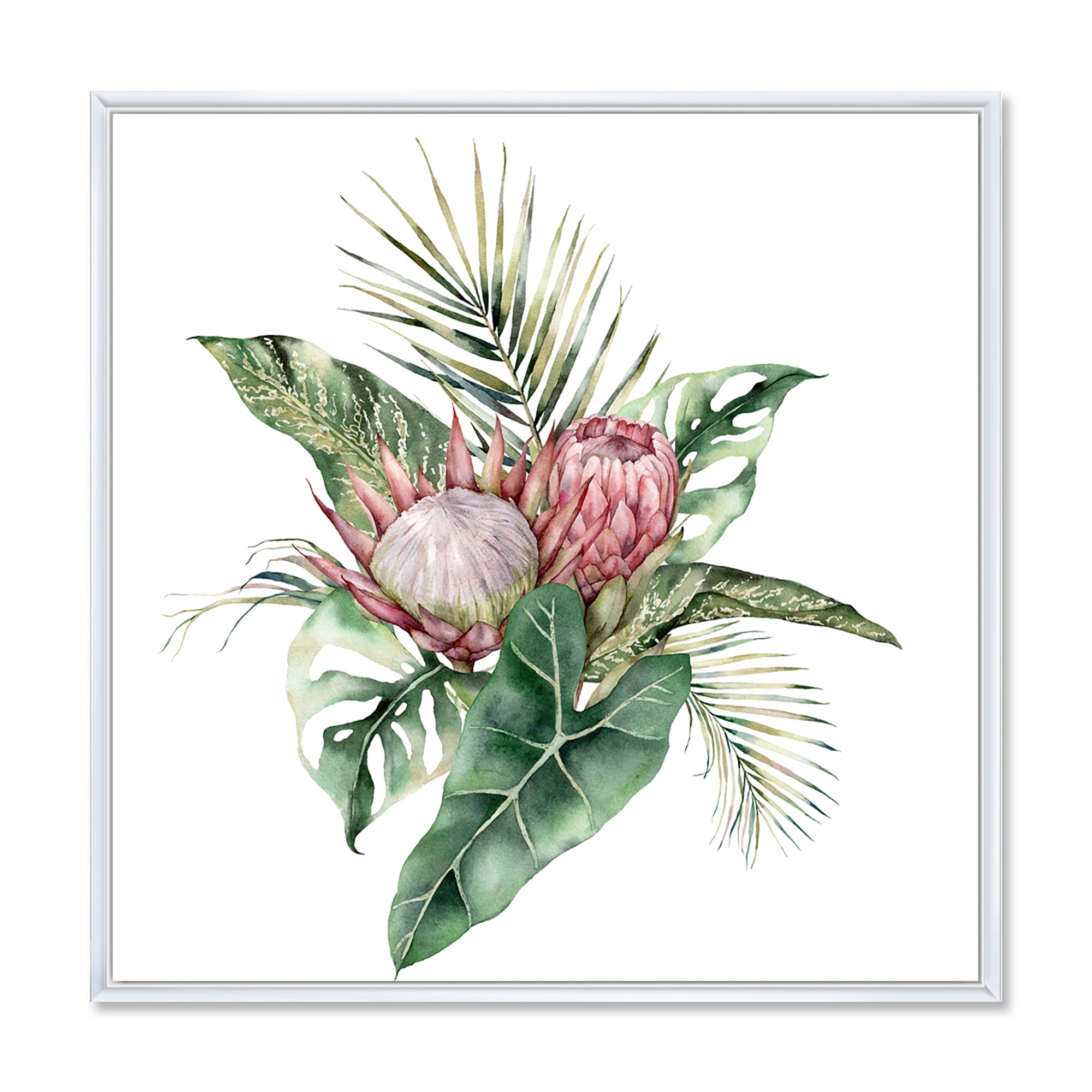 Designart 'Queen Proteas Palm & Monstera Leaves' Traditional Framed Canvas Wall Art Print