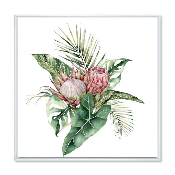 Designart 'Queen Proteas Palm & Monstera Leaves' Traditional Framed Canvas Wall Art Print